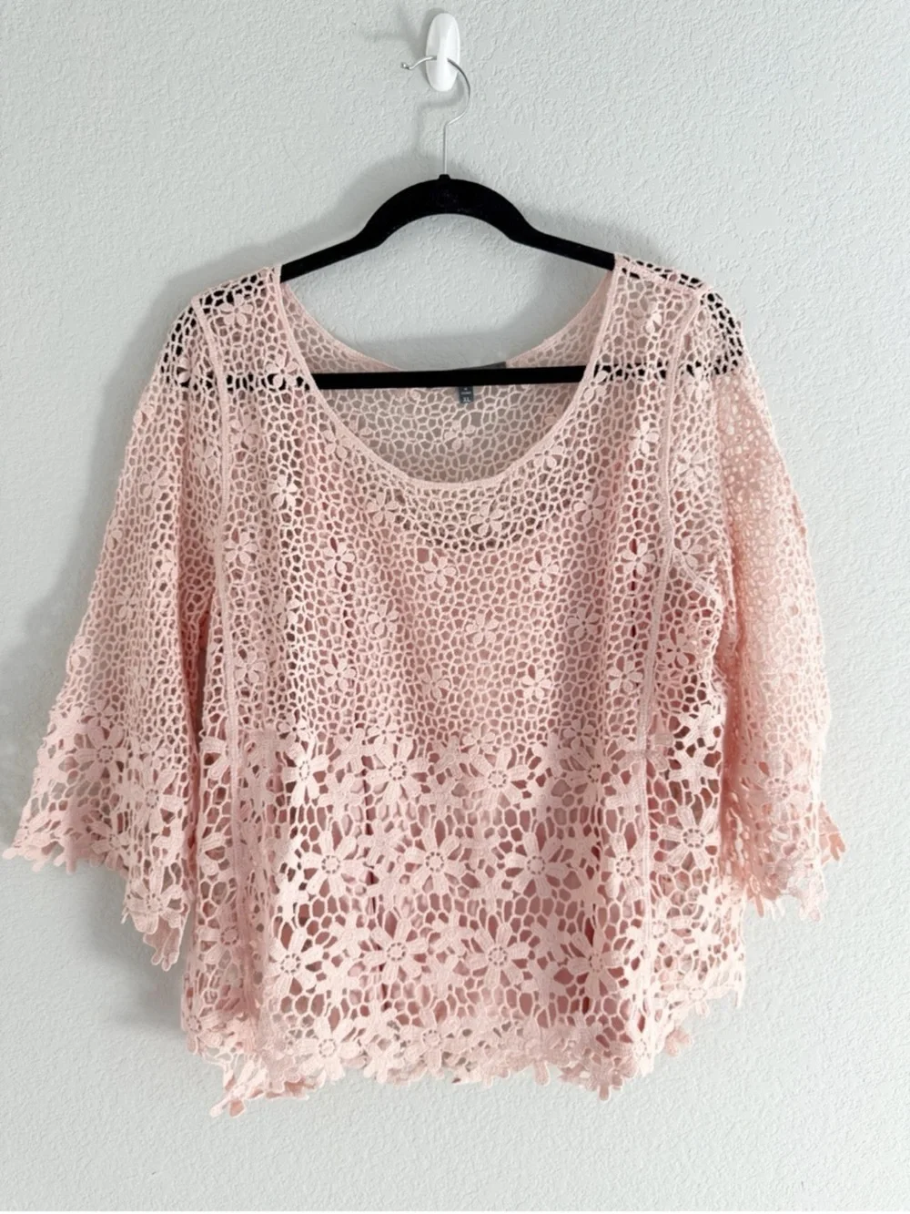 Anthropologie Blue Tassel Blush Pink Crochet Lace Layered Top with Cami NWOT